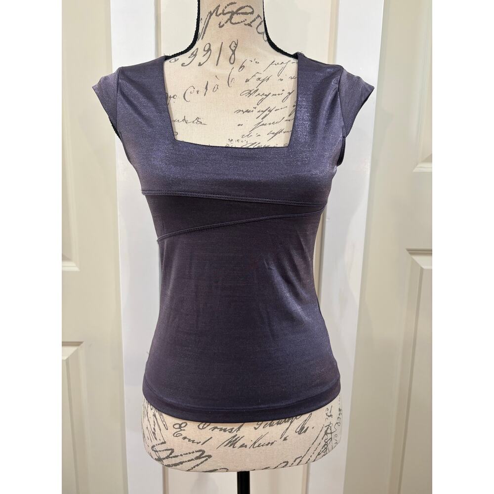 La Belle Purple Metallic 90s Y2K Square Neck Stretchy Shirt Size Medium